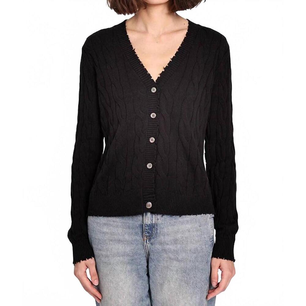 NEW MINNIE ROSE cotton frayed cable cardigan top in black